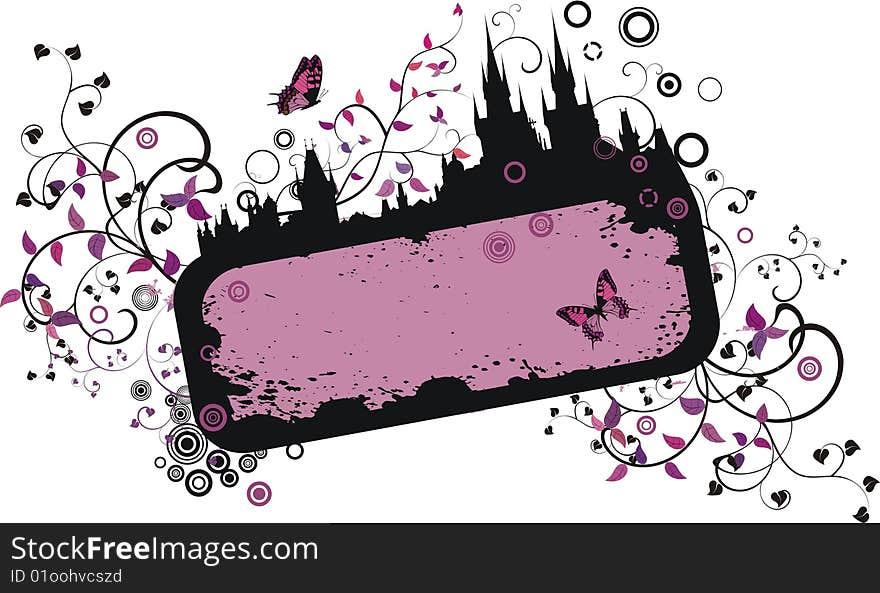 Grunge floral frame with old town silhouette - vector illustration