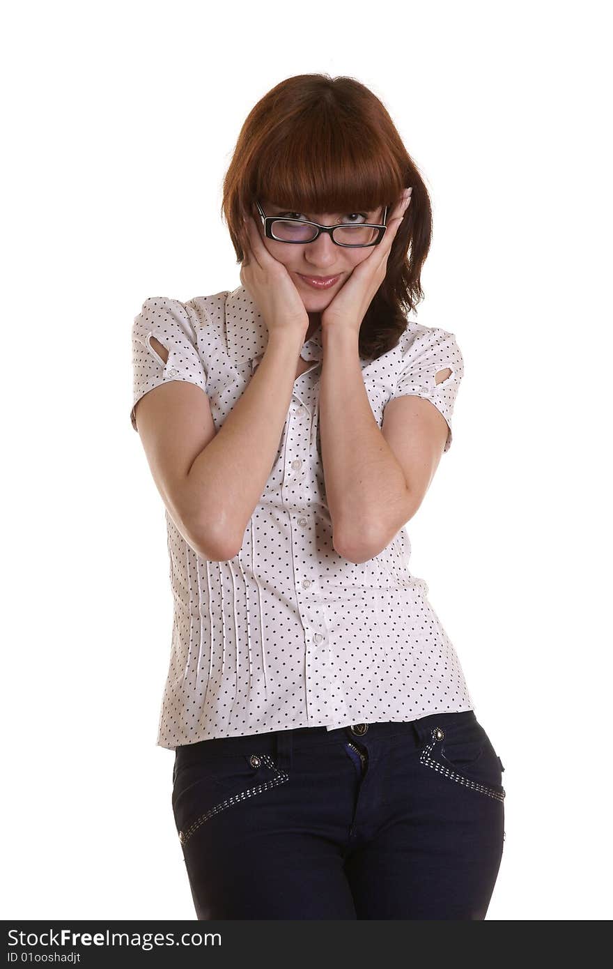 Portrait of the girl in points it is photographed on a white background