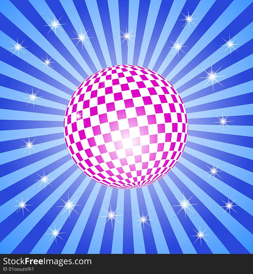 Illustration of pink  discoball on blue stripes with stars. Illustration of pink  discoball on blue stripes with stars