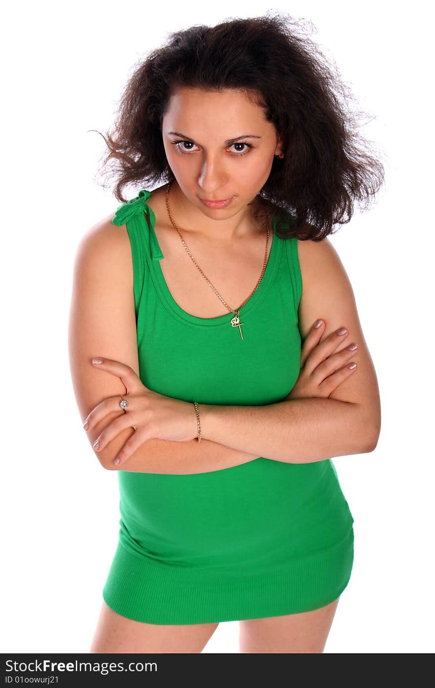 Curly-headed Girl In Green Cross Hands