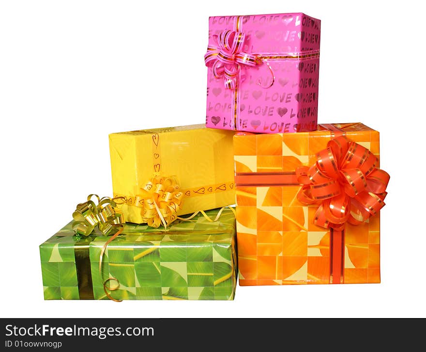 Gift bright boxes it is isolated on a white background. Gift bright boxes it is isolated on a white background