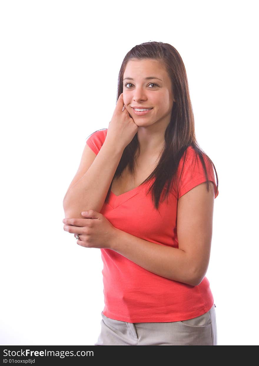 Young woman thinking isolated on white in the studio