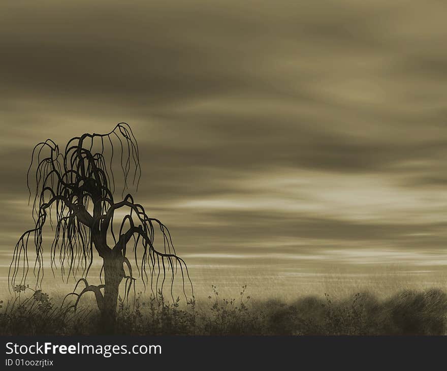 A be single tree standing on a background dark clouds