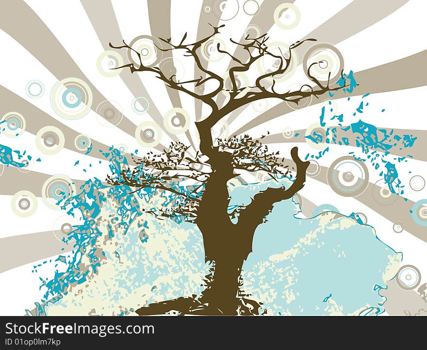 Grunge abstract tree silhouette raster illustration