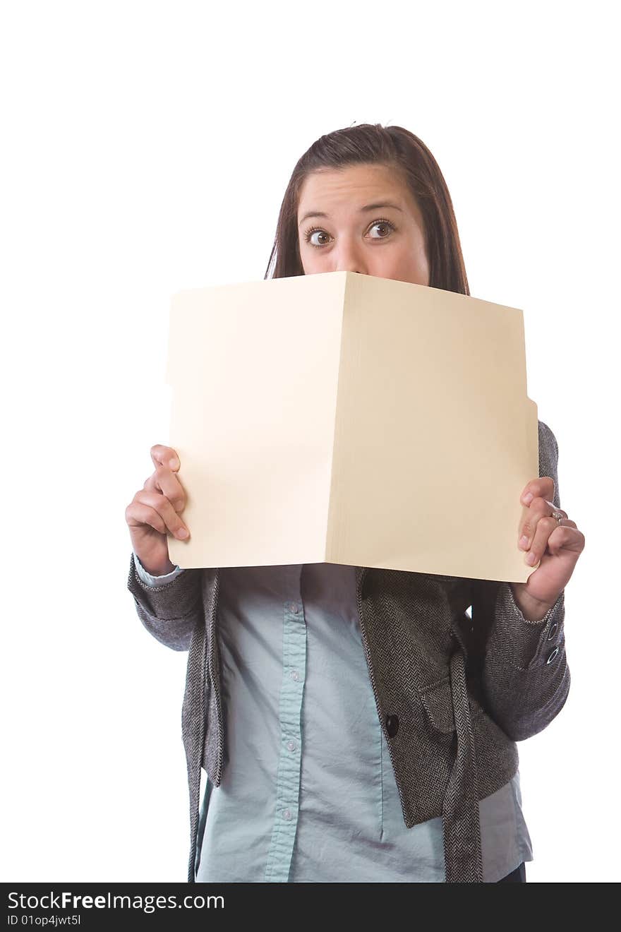 Business woman holding legal documents isolated on white