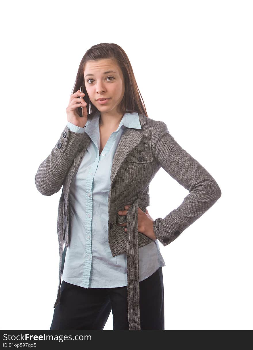 Business woman on a cell phone isolated on white