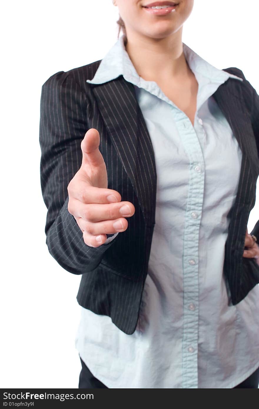 Business woman handshake isolated on white shot in the studio