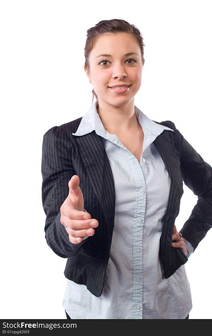 Business woman handshake isolated on white shot in the studio