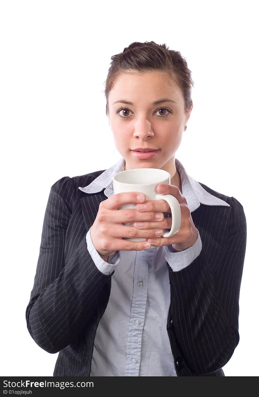 Business woman drinking coffee isolated on white