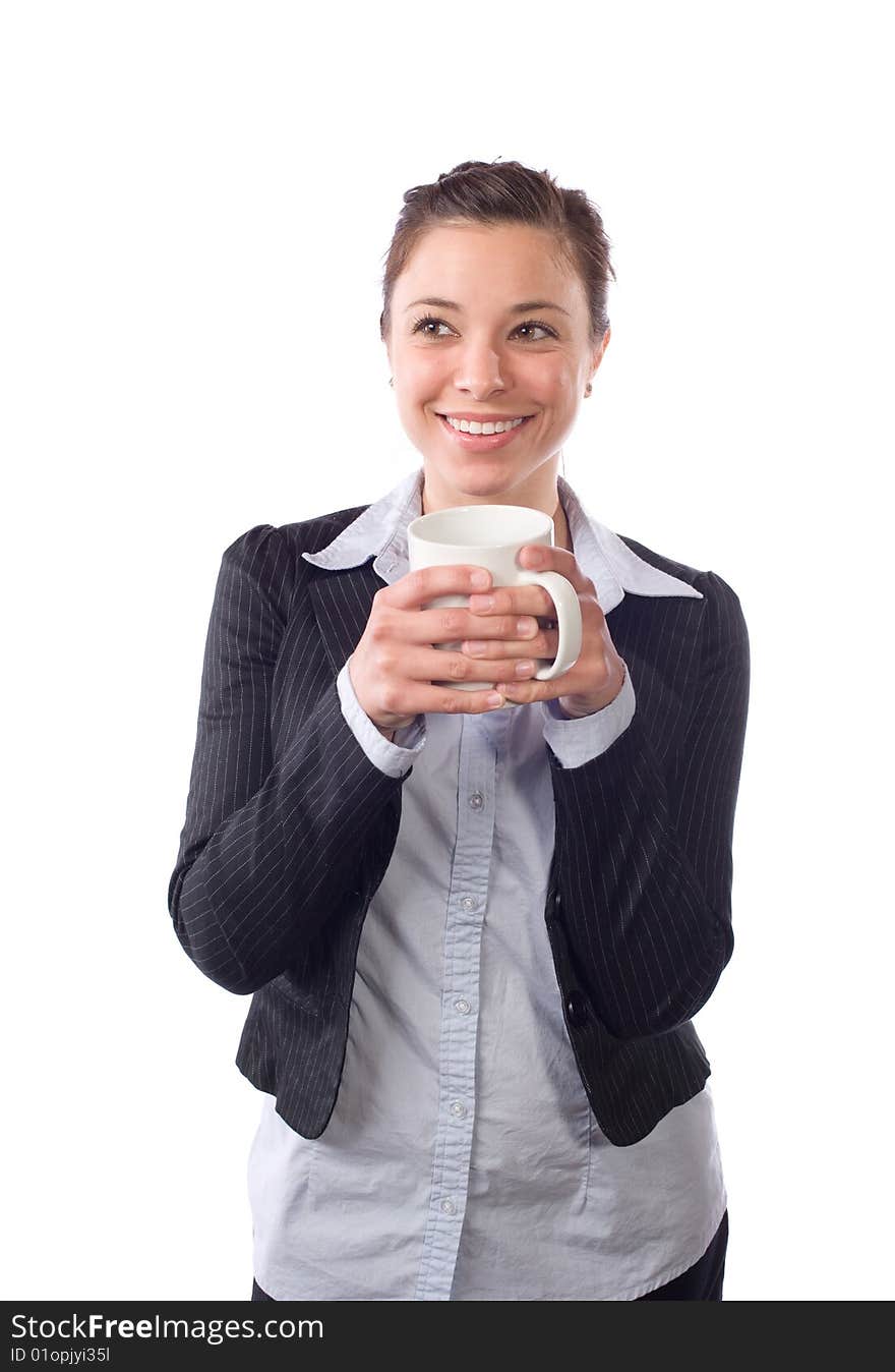 Business woman drinking coffee isolated on white