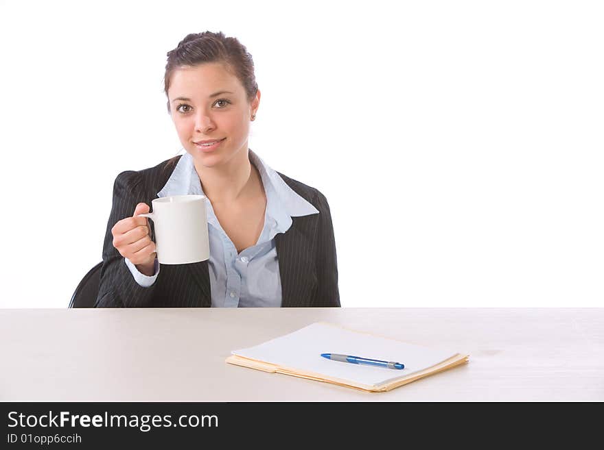 Business woman drinking coffee isolated on white