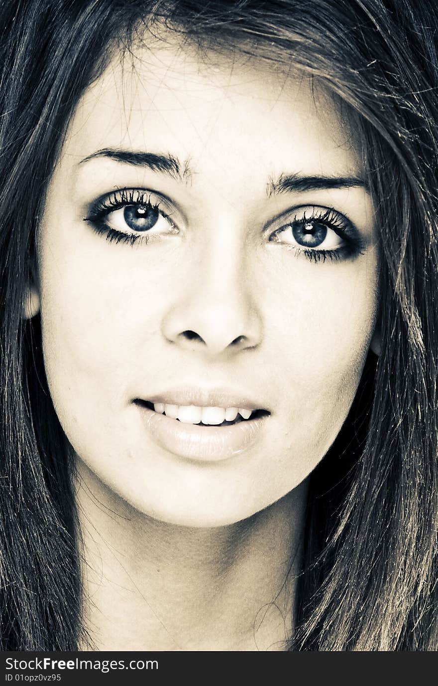 Portrait of young charming brunette, black and white - sepia. Portrait of young charming brunette, black and white - sepia