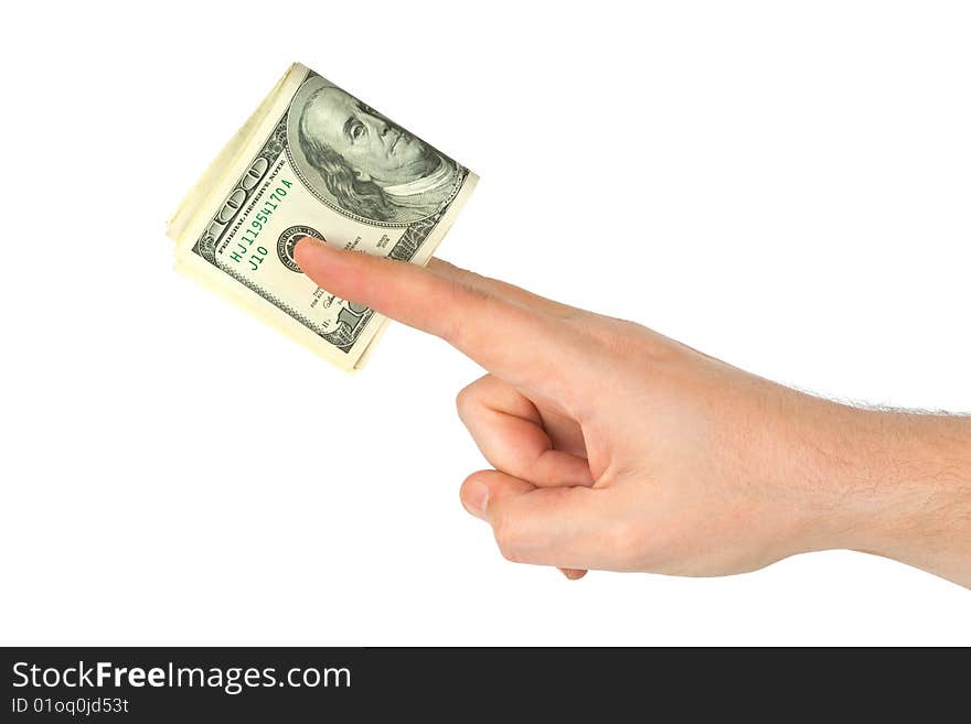 Hand giving money isolated on white background