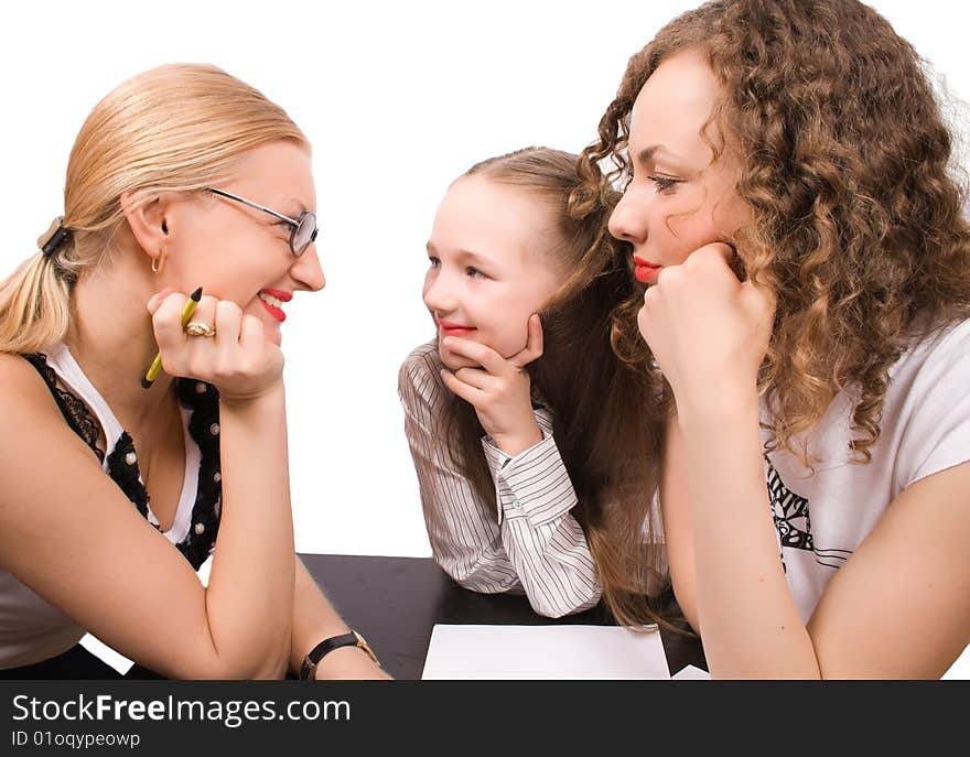 Two mams teach little girl isolated on white with clipping path