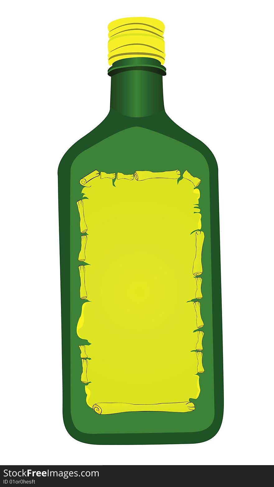 Vector illustration of a green bottle with yellow label isolated on white background