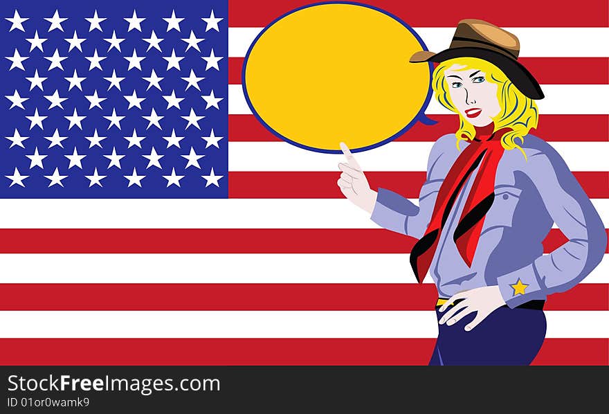 Vector illustration of a young cowgirl in front of U.S. flag, pointing at a cartoon balloon next to her