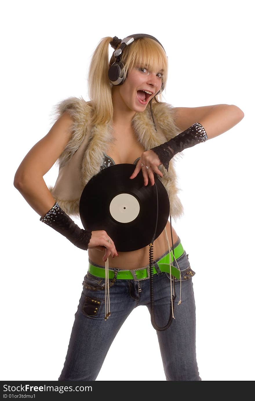 Happy Girl With Vinyl Record Over White