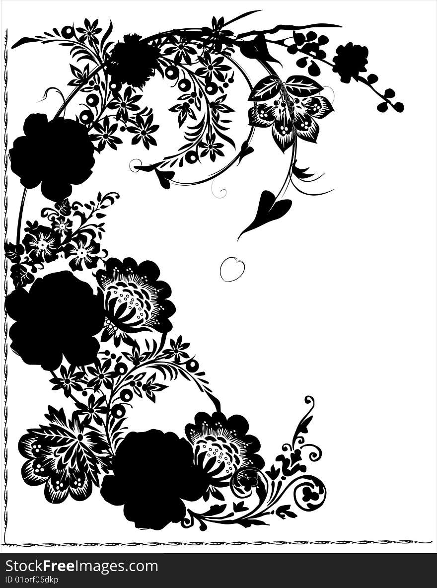 Illustration with black on white flower decoration. Illustration with black on white flower decoration