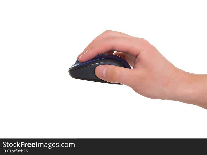 Hand using computer mice over the white background