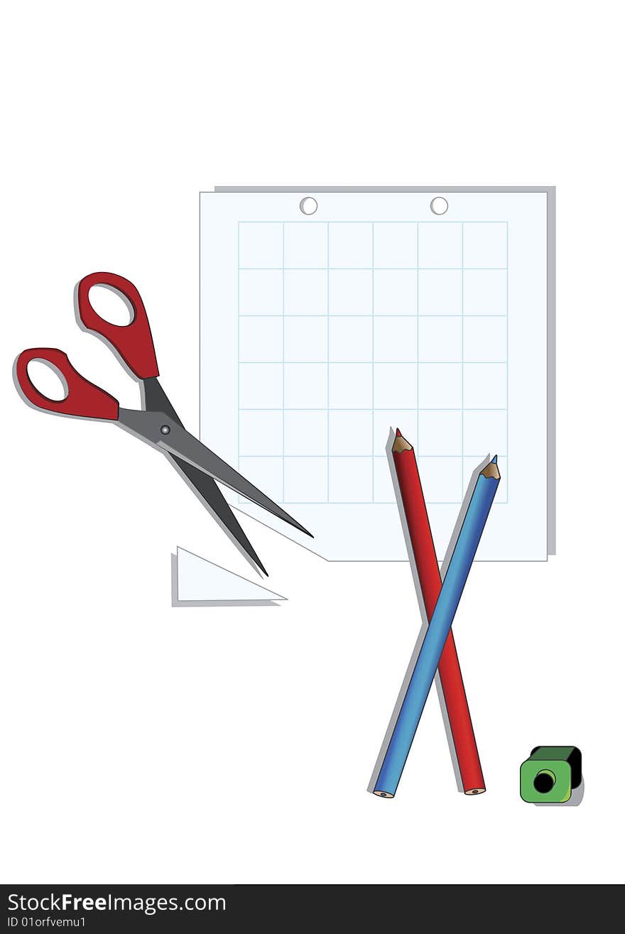 Scissors, pencils and the page on a white background. On the sheet, you can write a text. Scissors, pencils and the page on a white background. On the sheet, you can write a text