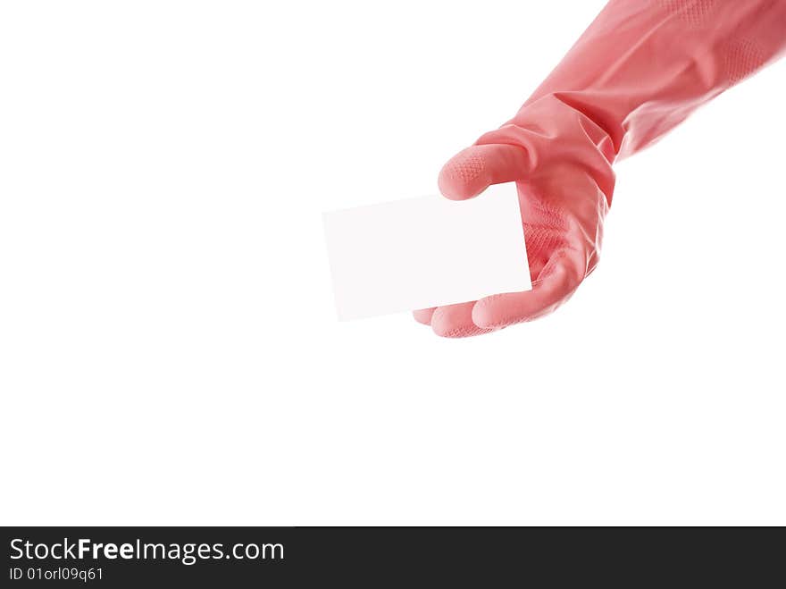 Hand and a card  on white