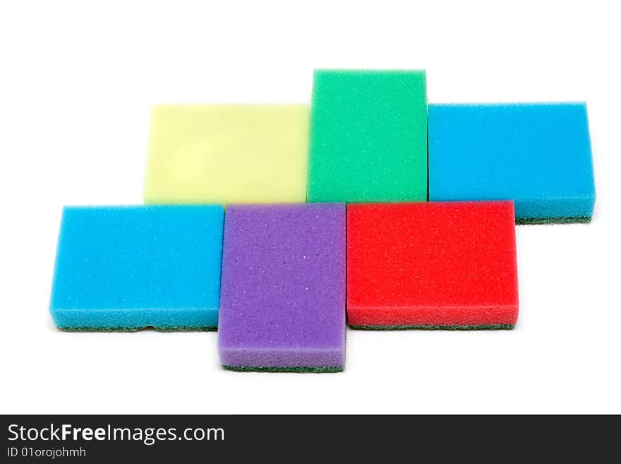 Colour sponges for dishwashing on white background