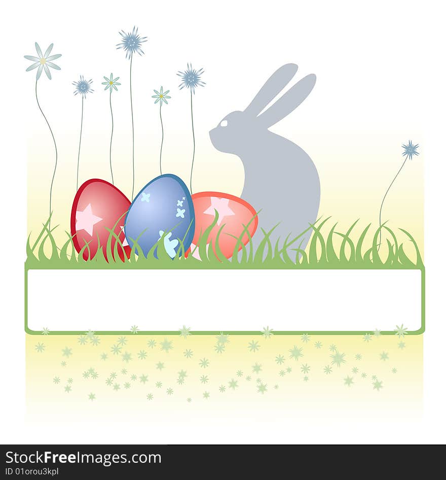 Vector Illustration of Easter background decorated with rabbit, easter eggs and flowers.