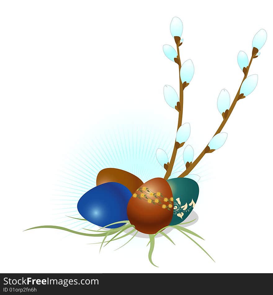 Vector Illustration of Easter Eggs with floral elements and the tree branch.