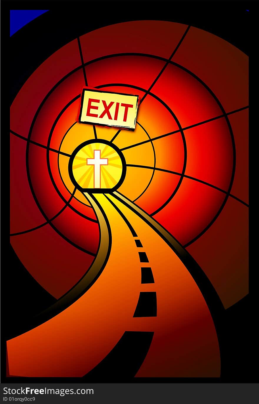 Illustration of a road in a tunnel leading out to a cross. The road has an exit sign above it, to direct the exit from darkness to light. Illustration of a road in a tunnel leading out to a cross. The road has an exit sign above it, to direct the exit from darkness to light.