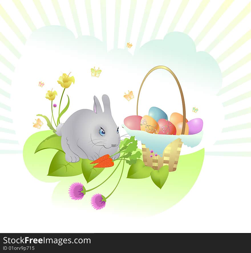 Vector Illustration of Easter background decorated with rabbit, easter eggs and flowers.