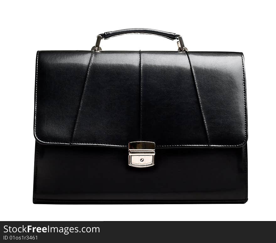 Black leather business suitcase isolated on white background