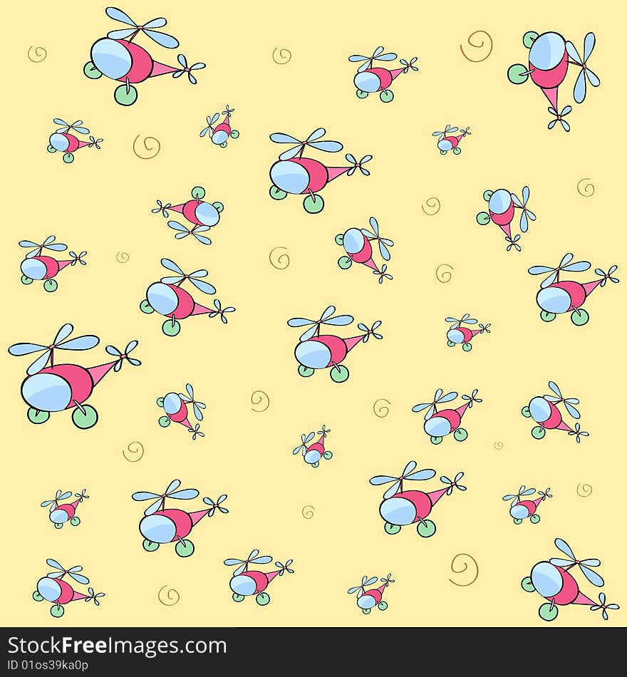 Vector illustration of Cartoon background with a lot of cute little helicopters. Vector illustration of Cartoon background with a lot of cute little helicopters