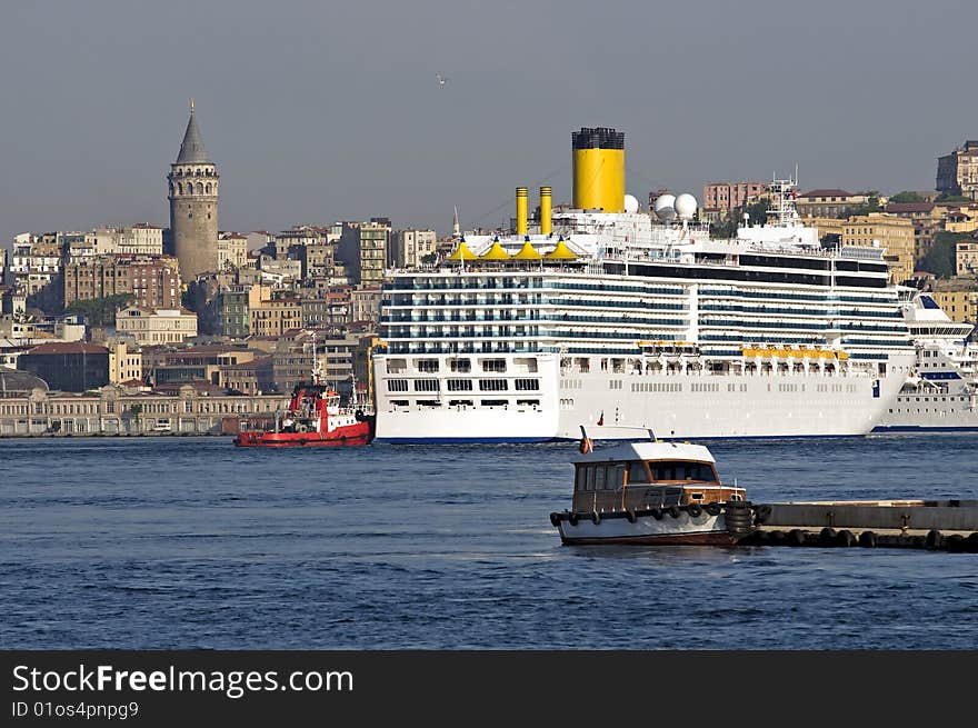 Cruise ship in istanbul harbor (galata tower)