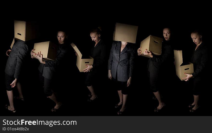 Young frustrated businesswoman with paper box - six poses. Young frustrated businesswoman with paper box - six poses