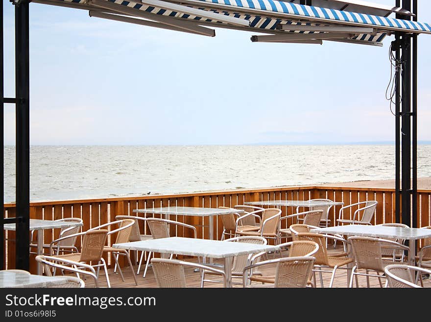 Cafe on the beach, sea view.