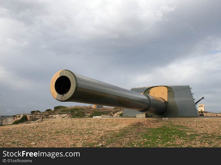 Hudge canon on the edge in a fortress in Menorca, Balearic islands