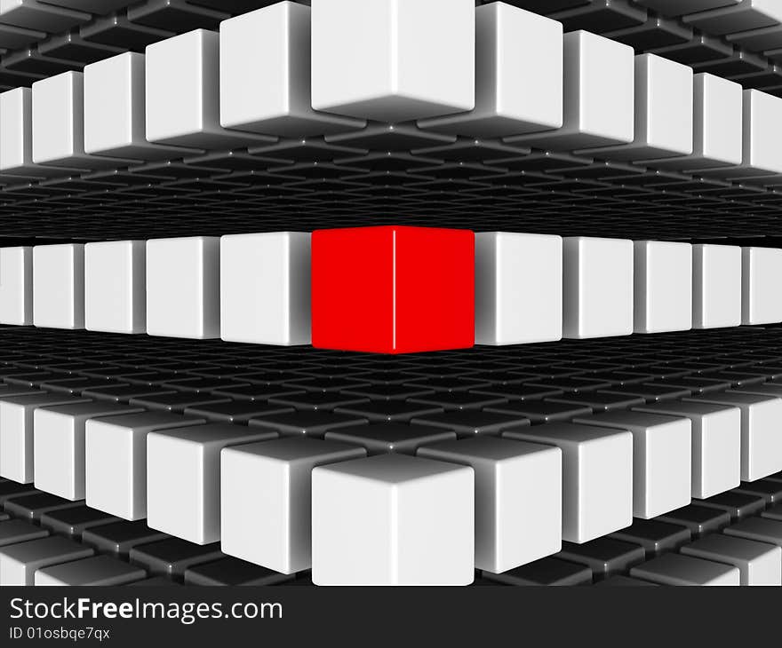 3D rendered image of a red cube among many white cubes denoting individuality. 3D rendered image of a red cube among many white cubes denoting individuality