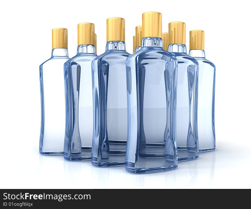 Blue bottles with gold covers isolated on the white. Blue bottles with gold covers isolated on the white