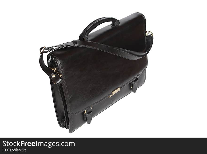 Black briefcase standing on white background isolated with clipping path