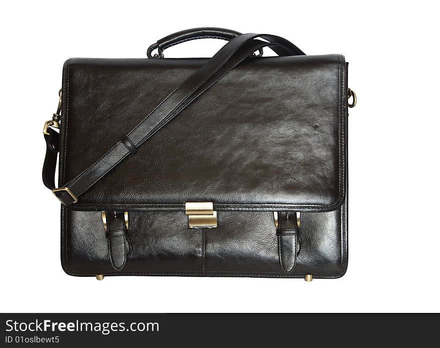 Black briefcase standing on white background isolated with clipping path