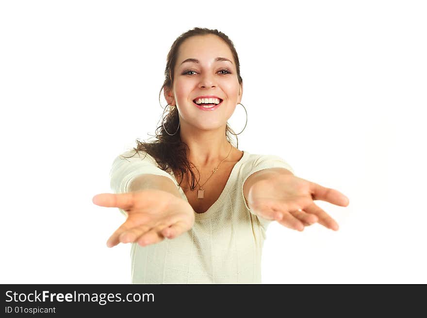 Pretty young brunette woman stretching her hands to us. Pretty young brunette woman stretching her hands to us