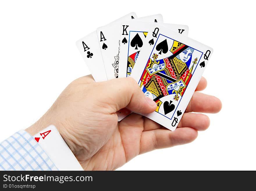 Playing cards in men hand