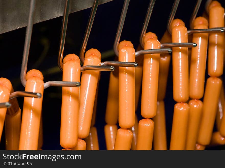 Holder with sausage on conveying machine beltline in food industry