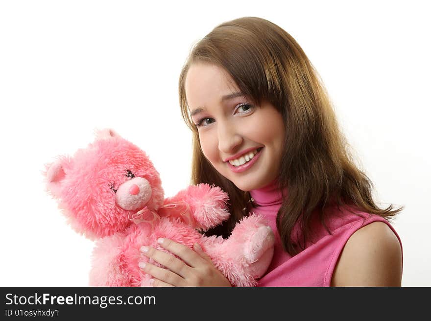 The girl with a pink teddy bear