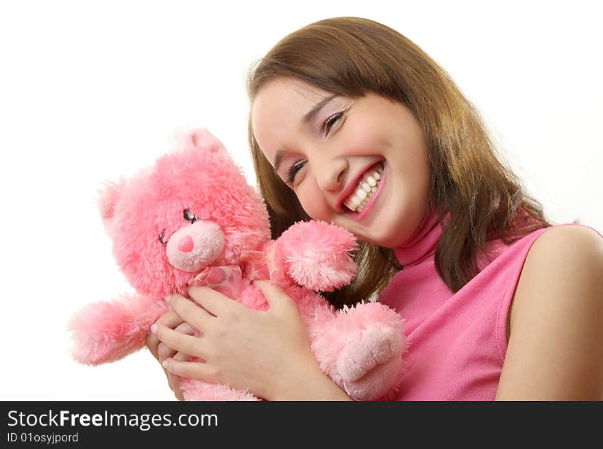 The girl with a pink teddy bear