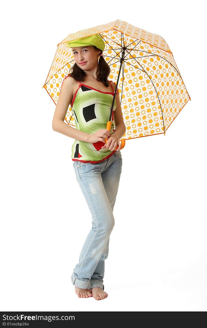 The girl in blue jeans with an umbrella