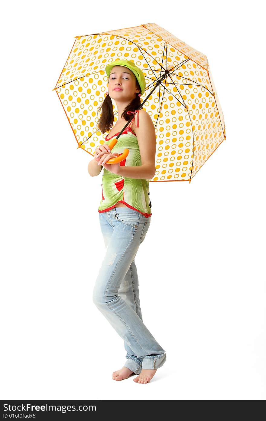 The girl in blue jeans with an umbrella