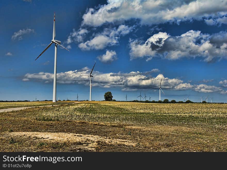 Wind turbines in a field