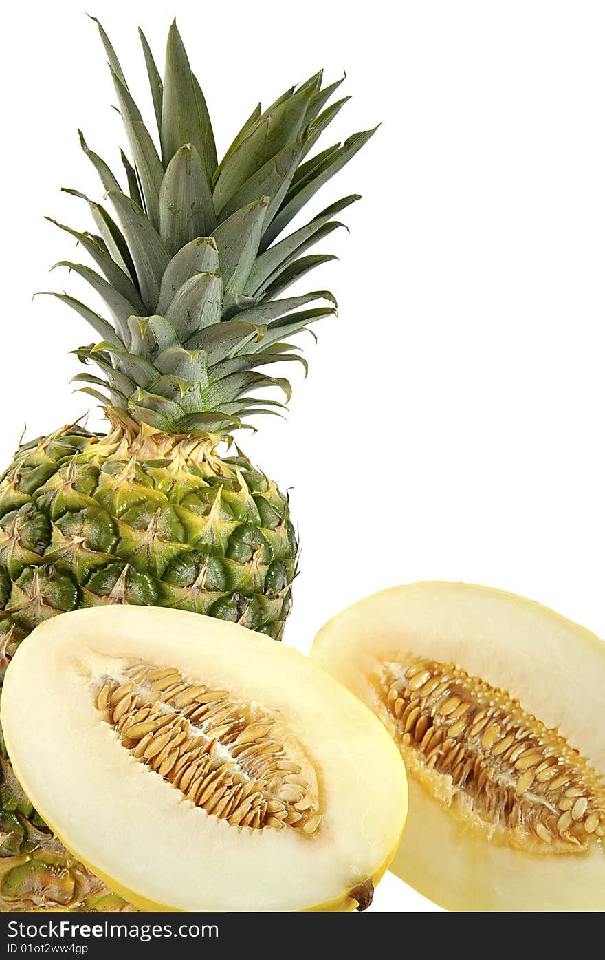 Cut melon and pineapple.