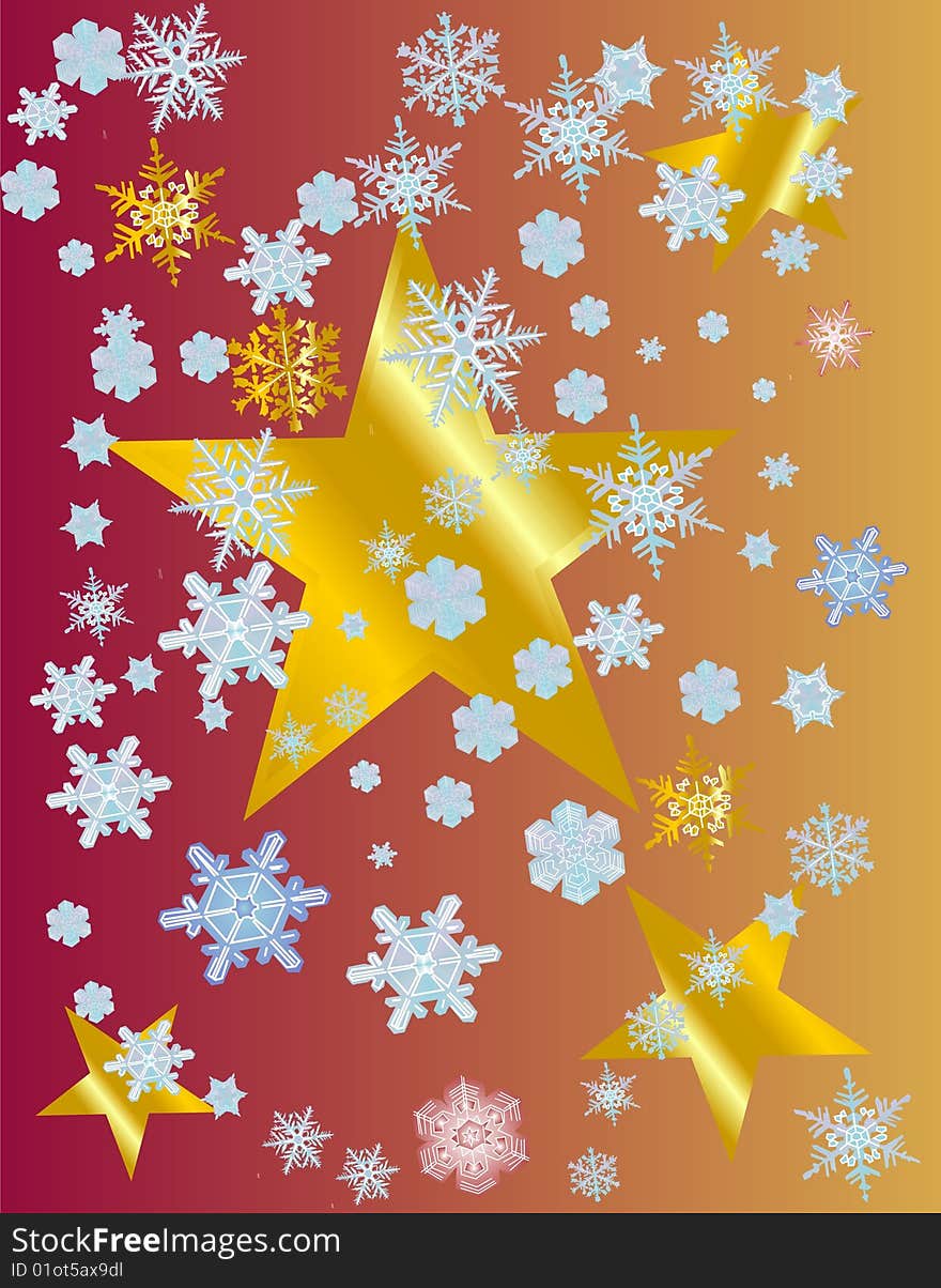 Golden stars being showered by pretty snowflakes. Golden stars being showered by pretty snowflakes..